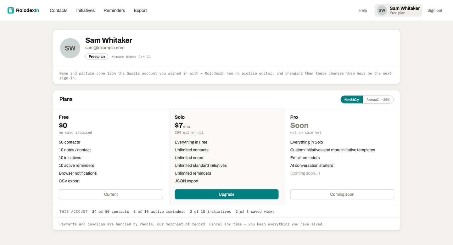 The plans screen on a free account: three plan cards, and a strip reading 34 of 50 contacts, 6 of 10 active reminders, 2 of 10 campaigns, 2 of 3 saved views