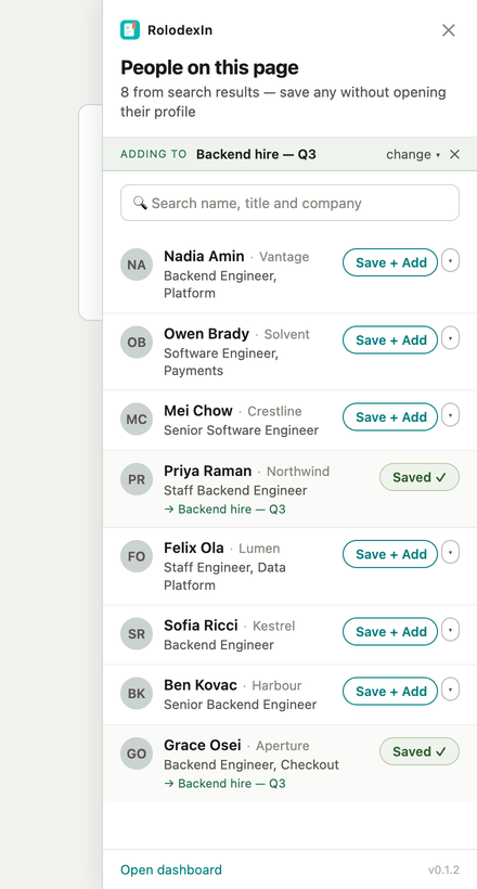 The capture panel listing people found on the page, each row with a name, headline and a Save button