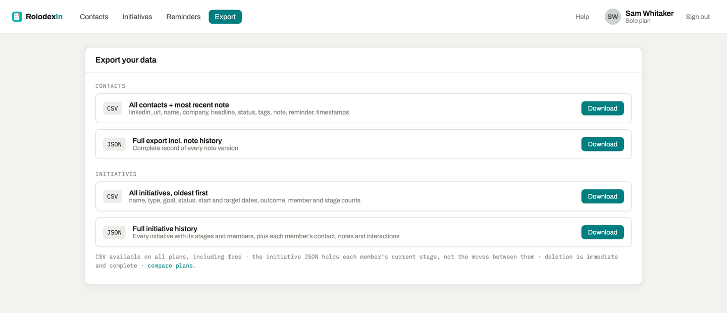 The export screen: four download rows grouped under Contacts and Campaigns, each marked CSV or JSON