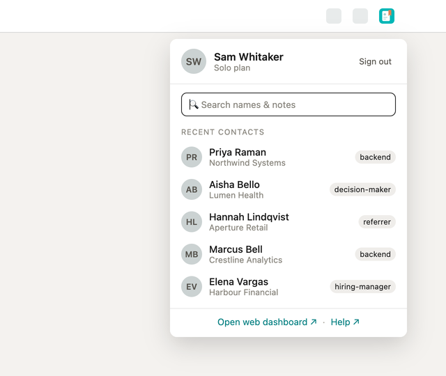 The toolbar popup: the signed-in account at the top, a search box, and a list of recent contacts with their companies and tags