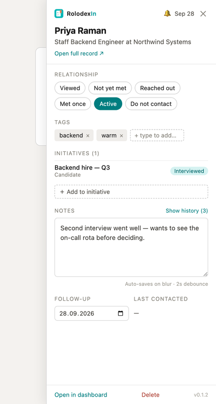 The sidebar panel: name and headline at the top, a row of status pills, tags, a note box, a follow-up date, and a footer